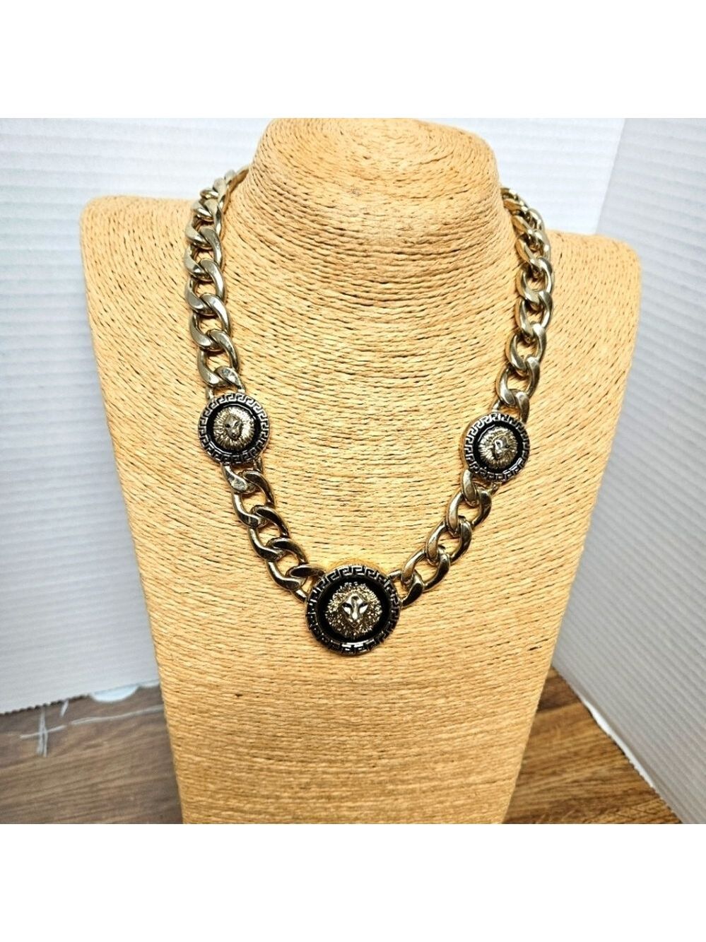 Vintage Greek Key Lion Head Necklace